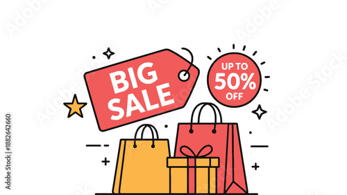 A colorful illustration of a big sale with shopping bags and discounts
