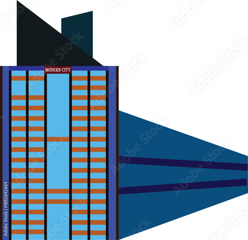 Abstract modern skyscraper building facade with blue glass windows and geometric shapes, vector illustration