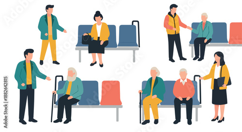 People waiting on benches in public space