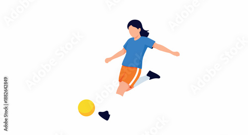 Female soccer player kicking ball with transparent background