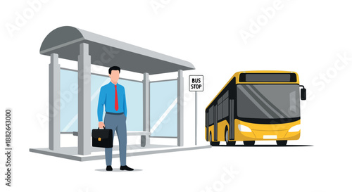 Man waiting at bus stop with yellow bus