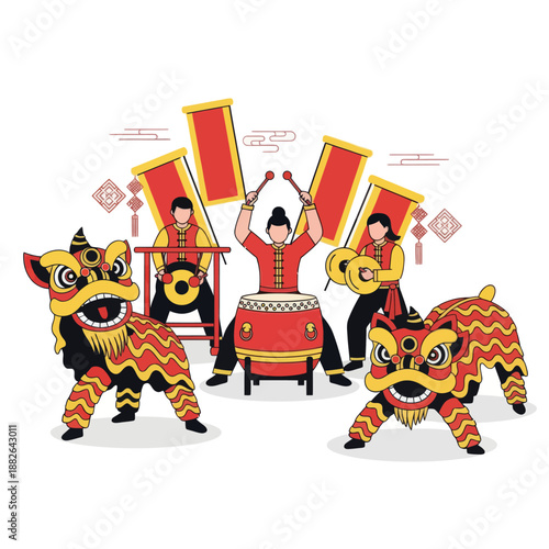 Chinese Lion Dance Performance with Drums, Cymbals and Banners