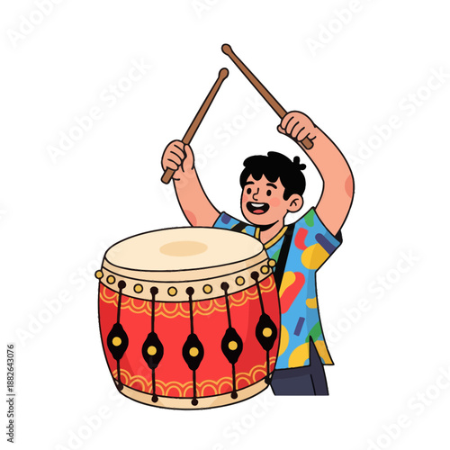 Happy Boy Playing Drum with Sticks - Celebration, Music, Rhythm