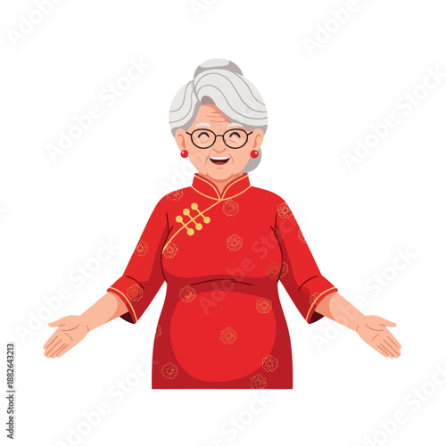Happy Chinese Grandma in Traditional Red Cheongsam Welcoming Guests