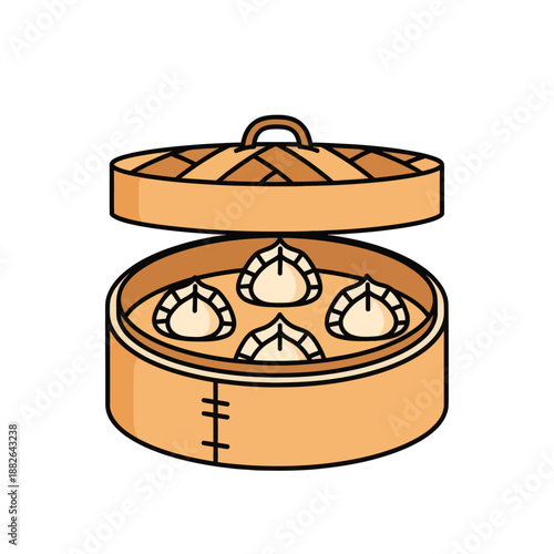 Steaming Bamboo Dim Sum Basket with Dumplings