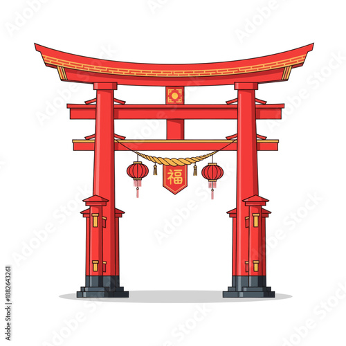 Traditional Japanese Torii Gate with Lanterns and Blessing Symbol
