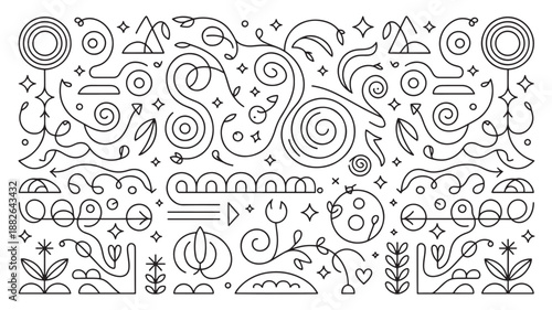 Abstract doodle art in whimsical style with black lines on white background for graphic design