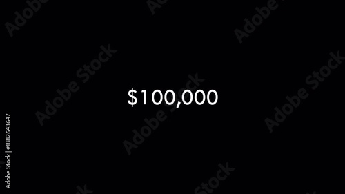 Dollar number counter animation from 0 to 100,000 in 4k for amount concept and financial or business use, animated dollar counting from zero to one hundred thousand  on transparent background. 