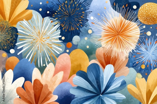 Vibrant abstract flowers with fireworks backdrop in festive blue, orange, and gold tones