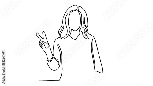 Continuous line animation of woman standing and making peace sign with hands
