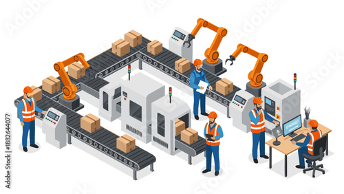 Automated factory production line with robotic arms and workers, vector illustration