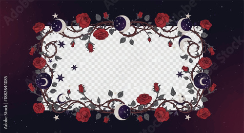 Gothic Mystical Frame with Red Roses, Thorns, and Crescent Moons on Dark Background, Witchy Celestial Border