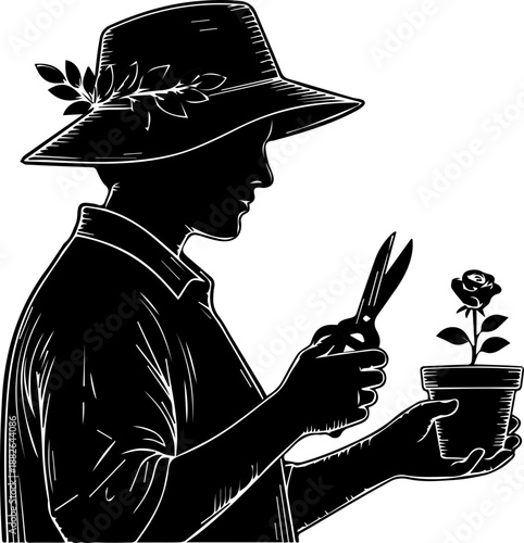 Detailed coloring page illustration of a magical fairy tale cottage in a forest garden with a girl, mushrooms, and a stone path under a starry night sky