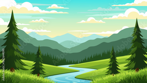 Beautiful Mountain Landscape with River and Trees Vector Illustration