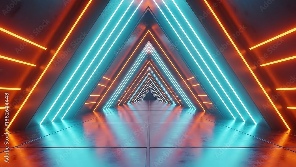 Fototapeta premium Futuristic neon lit tunnel with blue and orange lights 1