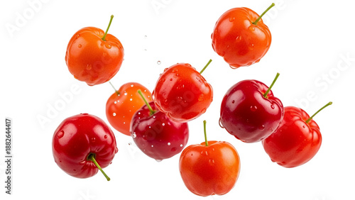 Vibrant and juicy acerola cherries with glistening water drops caught in dynamic mid-air movement on a pristine white background. A celebration of