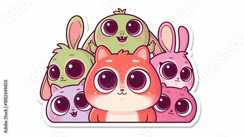 cute 3d stickers Cute cartoon cat surrounded by rabbits and a frog on a sticker
