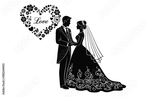 black and white silhouette of a bride and groom with a heart