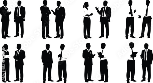 Business discussion silhouette collection showing professional men and women talking, negotiating, and collaborating for corporate communication, teamwork, and office concept designs