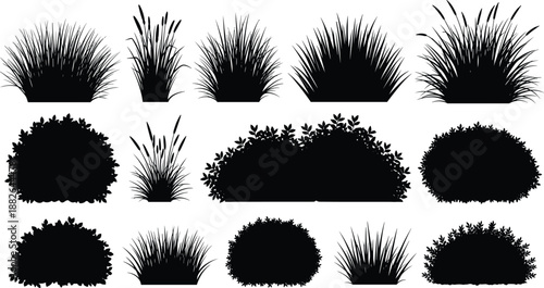 Bush and grass silhouettes collection with garden shrubs and wild plants, landscaping nature elements, decorative foliage shapes, black vector illustration isolated