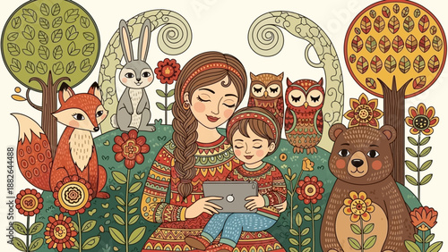 A mother and child sharing a tablet in a whimsical forest filled with friendly animals and patterned trees, evoking a sense of wonder and connection