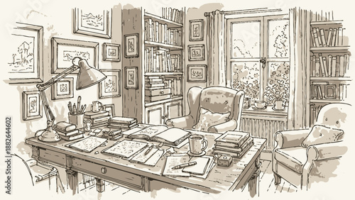A cozy, classic home office or study, meticulously organized with bookshelves, a vintage desk, and an inviting armchair, creating a perfect space for focused work and contemplation