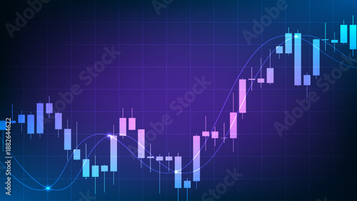Abstract financial stock market graph with candlestick chart and indicator lines on blue background. Digital investment and trading concept.