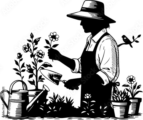 Sharp Medieval Dagger with Rose Engraving on Hilt, Bold Black and White Tattoo Style Illustration of a Short Sword, Isolated Graphic Element