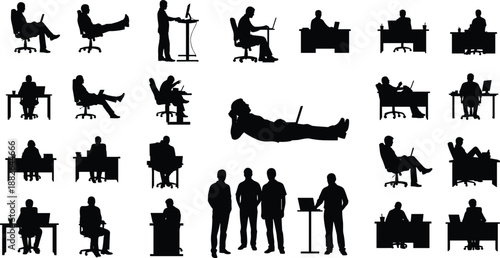 Business people silhouette collection showing office workers sitting, standing, presenting, relaxing, and working at desks for corporate and professional concept designs