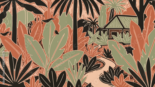 Stylized tropical jungle illustration featuring a charming secluded house, winding path through lush foliage, and exotic flora in earthy, warm tones