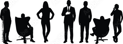 Business people silhouettes collection in office poses, standing and sitting professionals, corporate leadership and teamwork concepts, black vector illustration isolated