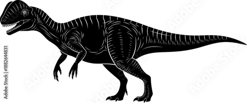 Allosaurus dinosaur silhouette, a large carnivorous theropod standing with open mouth.