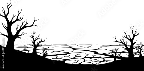 Barren cracked earth landscape, silhouetted dead trees, desolate vector scene.