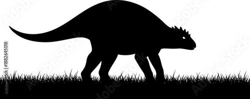 Armored ankylosaurus dinosaur, walking in profile on grassy terrain, simple vector silhouette.