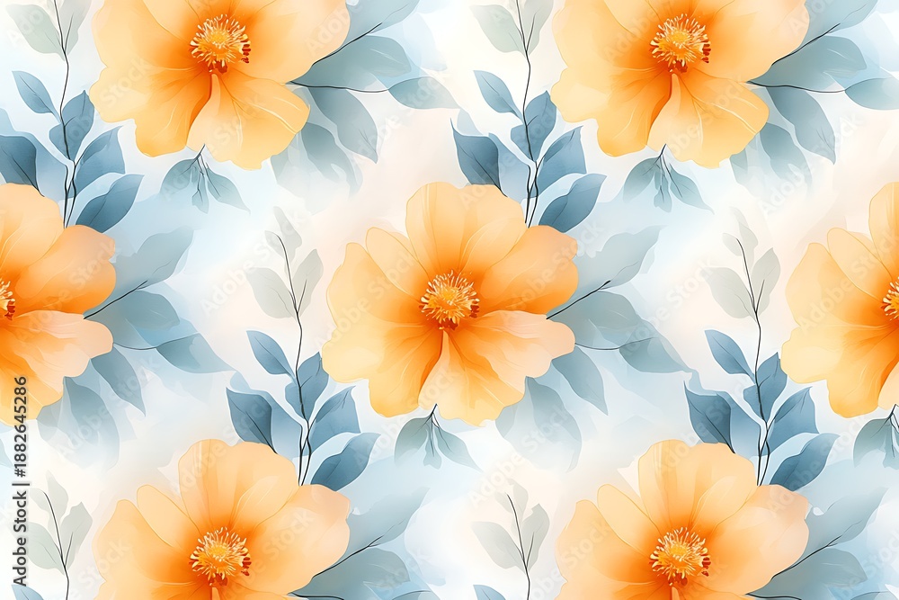 Obraz premium Vibrant Floral Pattern with Soft Orange Flowers and Green Leaves on a Light Background