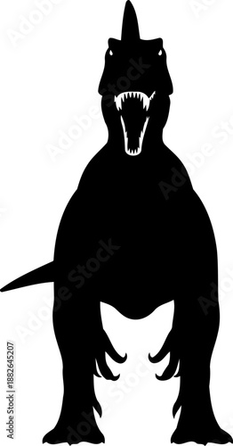 Carnotaurus theropod dinosaur, standing front-facing with its mouth wide open, simple vector silhouette.