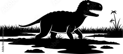 Ceratosaurus theropod dinosaur, walking through a prehistoric swamp, black vector silhouette.