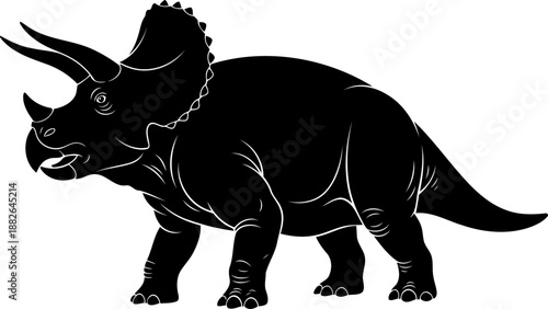 Ceratopsian triceratops dinosaur, walking with three facial horns and large bony frill, detailed vector illustration.