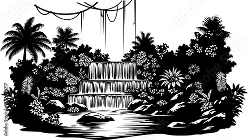 Cascading jungle waterfall silhouette, vector illustration of a lush prehistoric landscape.