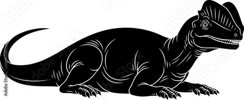 Corythosaurus dinosaur silhouette, a crested hadrosaur resting on the ground in profile.