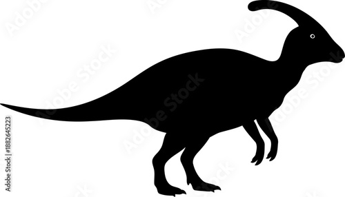 Crested parasaurolophus dinosaur, a simple vector silhouette walking in profile, showing its unique head.