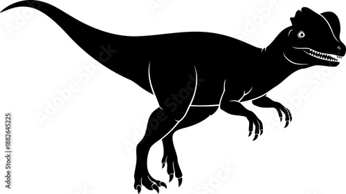 Crested dilophosaurus dinosaur silhouette, depicted in profile with its mouth open, detailed vector graphic.