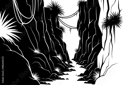 Deep jungle canyon silhouette with rocky cliffs and tropical vines, detailed vector landscape illustration.