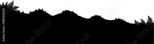 Dense prehistoric jungle border, featuring ferns and various foliage, simple vector silhouette.
