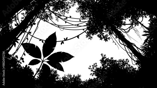 Dense jungle canopy and hanging vines framing a view from below, featuring a large leaf, vector silhouette.