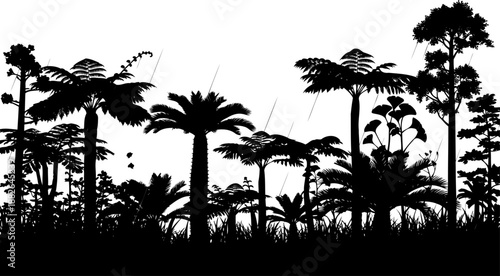 Dense prehistoric jungle silhouette, vector illustration of diverse ancient tropical plants.