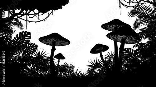 Dense tropical jungle foliage, featuring large mushrooms and hanging vines, simple black vector silhouette.