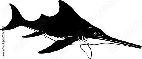 Detailed ichthyosaurus marine reptile illustration, a streamlined predator swimming in profile.