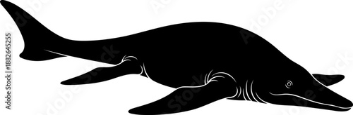Detailed ichthyosaur marine reptile, swimming with a long snout and powerful flippers, black vector illustration.