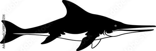 Detailed ichthyosaur marine reptile silhouette, depicted swimming with an elongated snout.